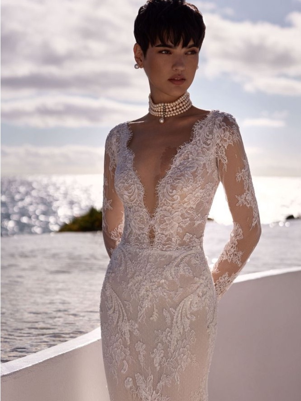 MillaNova Sheer Lace Long-Sleeve Wedding Gown in Ivory